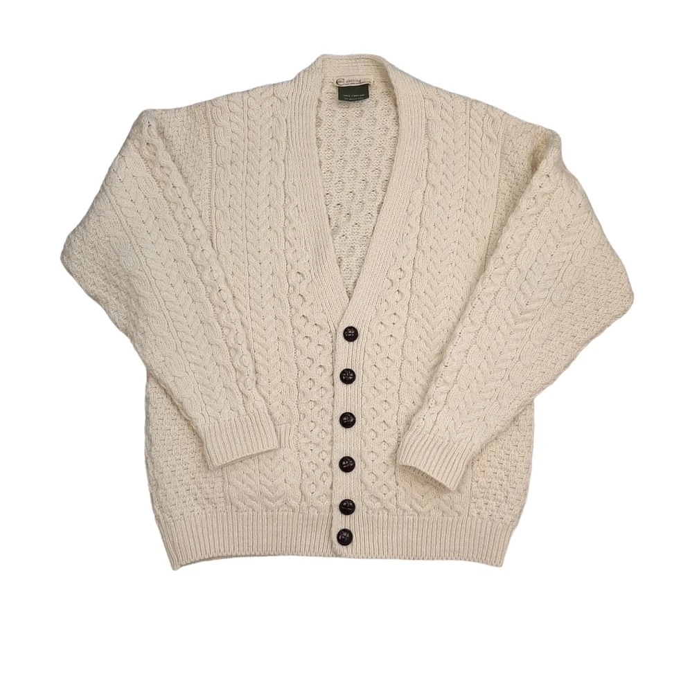 Vintage Celtic & Co Men's Irish Cream Cable Aran Merino Wool Cardigan Size Large - Picture 1 of 12